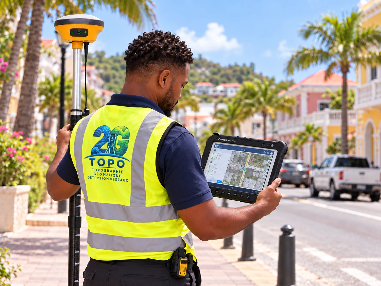 Technicien 2G TOPO avec récepteur GNSS et tablette de terrain