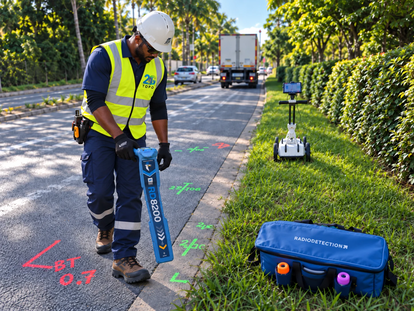 Technicien 2G TOPO utilisant un détecteur de réseaux Radiodetection RD8200