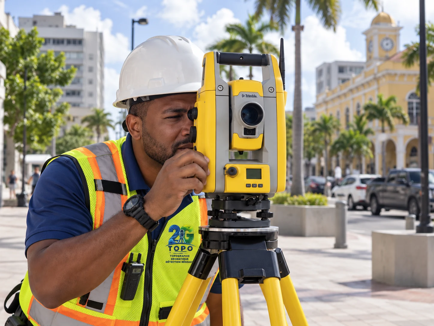 Technicien 2G TOPO utilisant une station totale Trimble